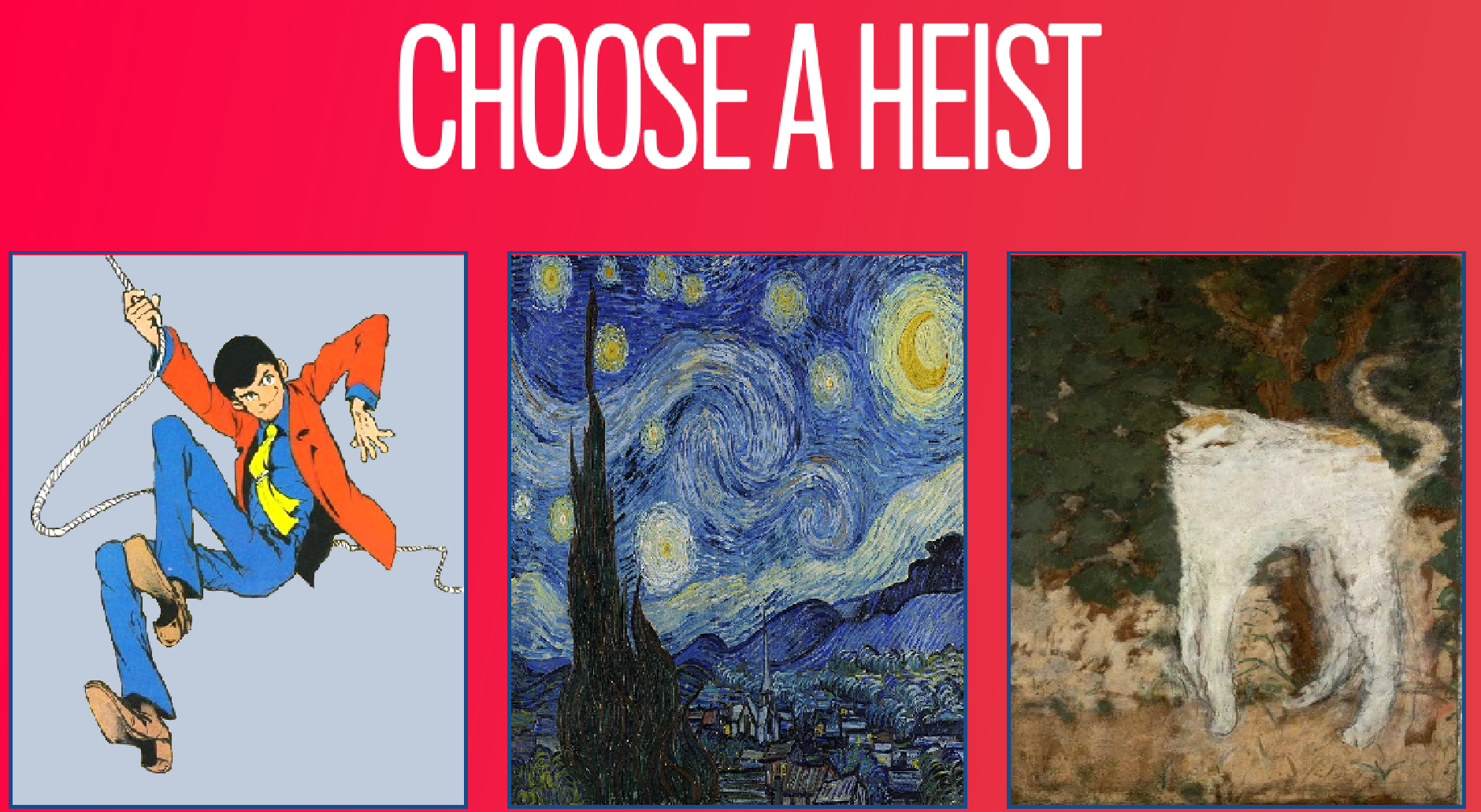 screenshot from the game showing three possible options for a piece of art to steal